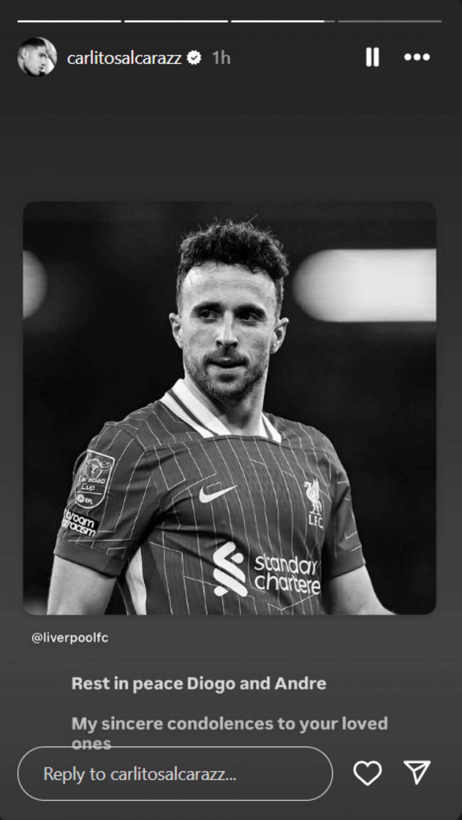Carlos Alcaraz sends condolences to the late Diogo Jota and his brother; Instagram - @carlitosalcarazz